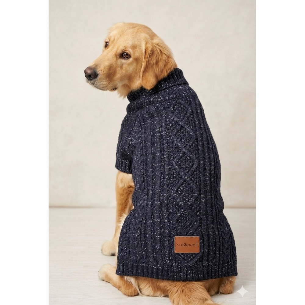Scenereal Navy Blue Cable Knit Dog Sweater Fleece Lined Large EUC